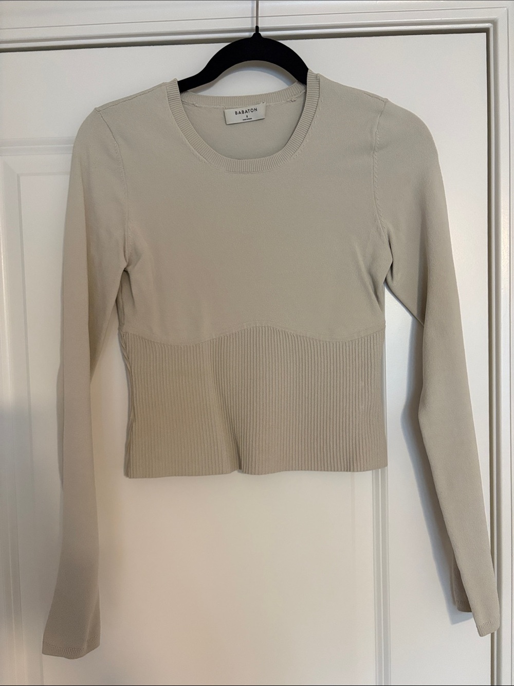 Babaton Long-Sleeve Ribbed Waist Knit Top in Light Beige